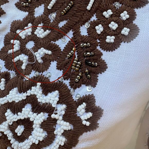 Tory Burch Beaded Mini Dress Tunic Sz 4 White Linen Brown Floral Embellished - Picture 12 of 16